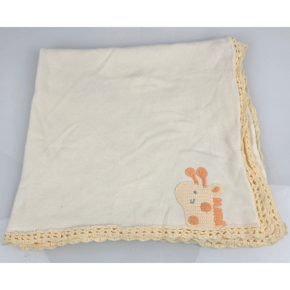 Gerber Baby Blanket Cream Knit Sweater Crochet Lace Trim Giraffe Patch Cotton